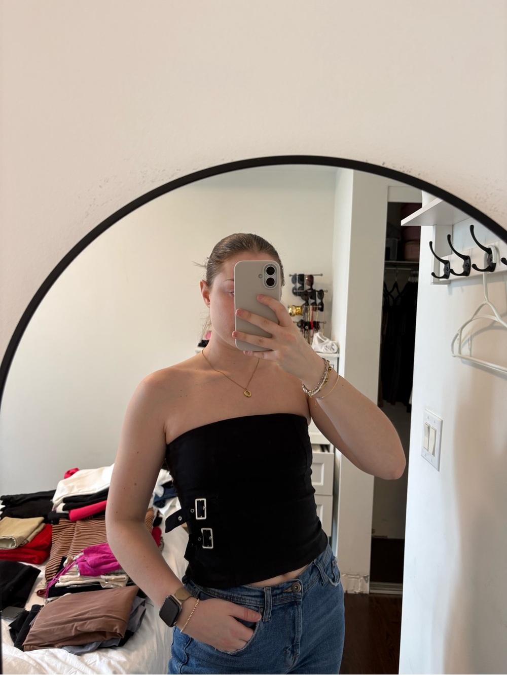 Pull&Bear Black Strapless Crop Top with Side Buckles